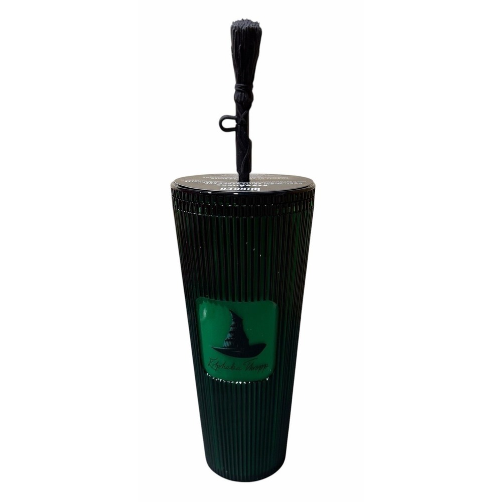 Starbucks Wicked 24oz Elphaba Tumbler Emerald Green w/ Broom Topper Glow In Dark